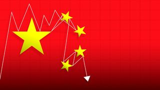 Illustration of a stock trend line rising above the stars of China's flag, then bouncing and tangling between the stars before trending downward